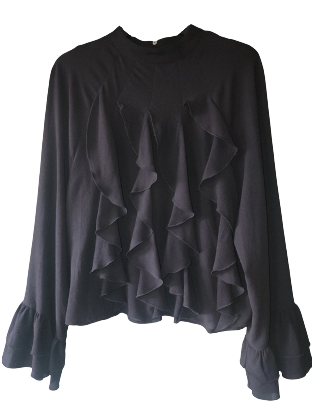 ZARA Black Waterfall Ruffle Blouse High Neck Victorian Goth Top S